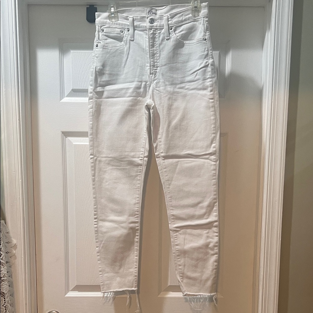 J CREW Denim 10” Toothpick High-Rise White Frayed Hem Jeans